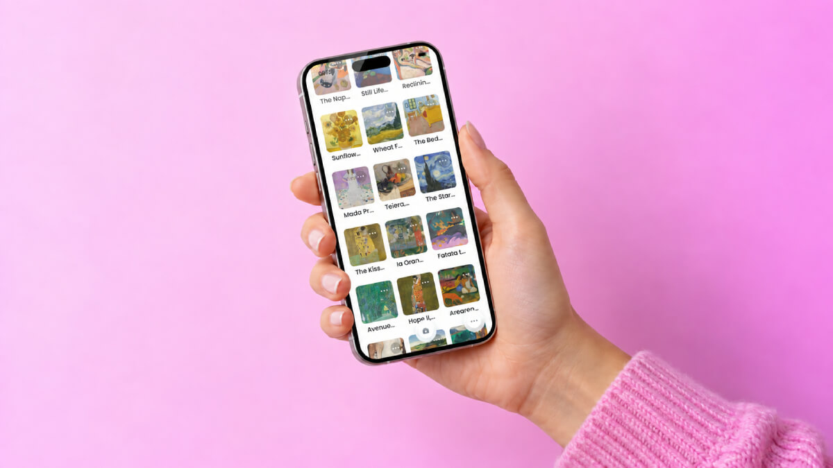 Smartphone showing the Artlinq app with a collection of famous paintings